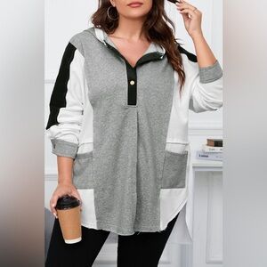 Plus Size Slit Color Block Half Snap Hoodie